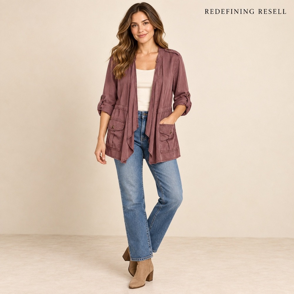 Knox Rose Mauve Utility Jacket Open Front Draped Lyocell Boho Purple Medium